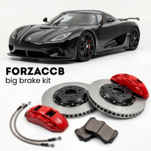 Black Koenigsegg Regera (2016-2022) shown above a ForzaCCB iron rotor big brake kit with 2x red 6-piston front calipers, 2x two-piece floating ventilated brake discs 380 mm, set of brake pads, and brake lines.