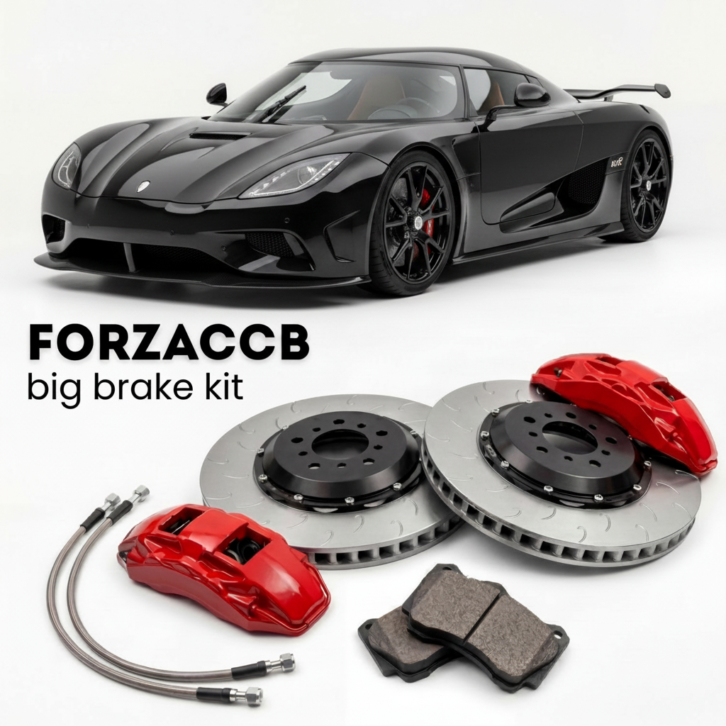 Black Koenigsegg Regera (2016-2022) shown above a ForzaCCB iron rotor big brake kit with 2x red 6-piston front calipers, 2x two-piece floating ventilated brake discs 380 mm, set of brake pads, and brake lines.
