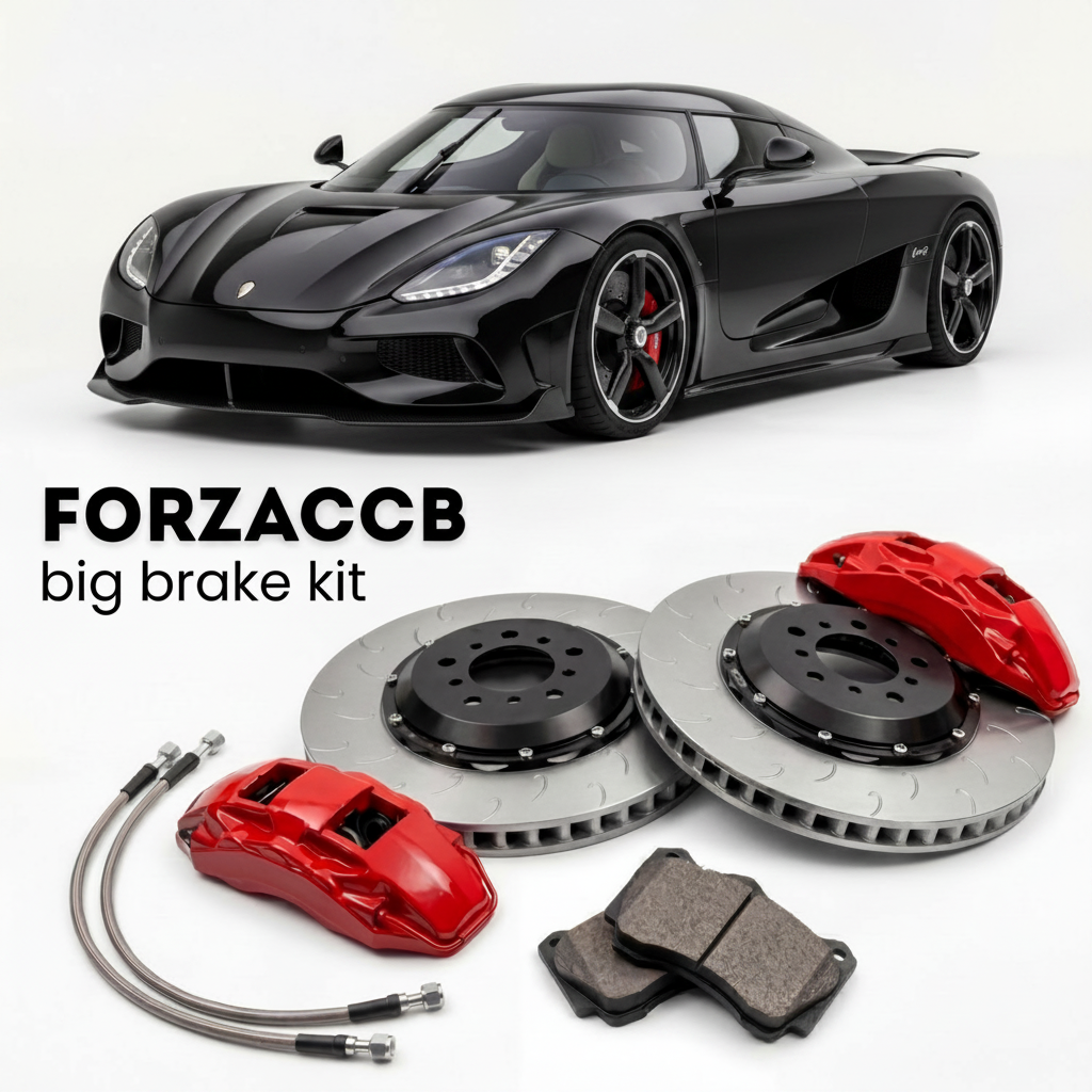 Black Koenigsegg Sadairs Spear (2025+) shown above a ForzaCCB iron rotor big brake kit with 2x red 6-piston front calipers, 2x two-piece floating ventilated brake discs 380 mm, set of brake pads, and brake lines.