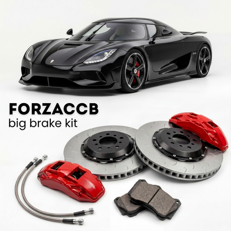 Black Koenigsegg Sadairs Spear (2025+) shown above a ForzaCCB iron rotor big brake kit with 2x red 6-piston front calipers, 2x two-piece floating ventilated brake discs 380 mm, set of brake pads, and brake lines.