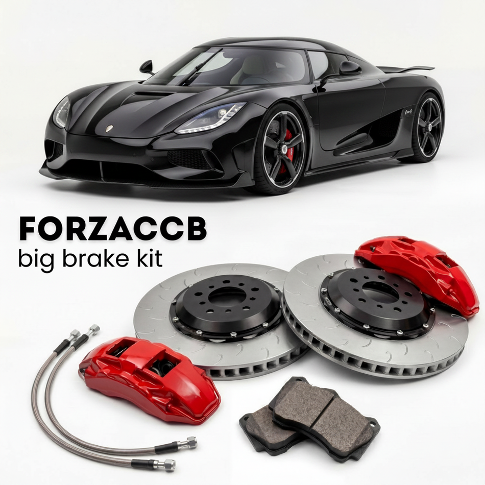 Black Koenigsegg Sadairs Spear (2025+) shown above a ForzaCCB iron rotor big brake kit with 2x red 6-piston front calipers, 2x two-piece floating ventilated brake discs 380 mm, set of brake pads, and brake lines.
