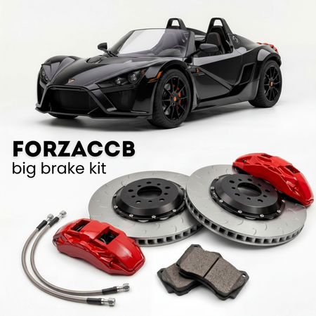 Black KTM X-Bow (2008-2026) shown above a ForzaCCB iron rotor big brake kit with 2x red 6-piston front calipers, 2x two-piece floating ventilated brake discs 380 mm, set of brake pads, and brake lines.
