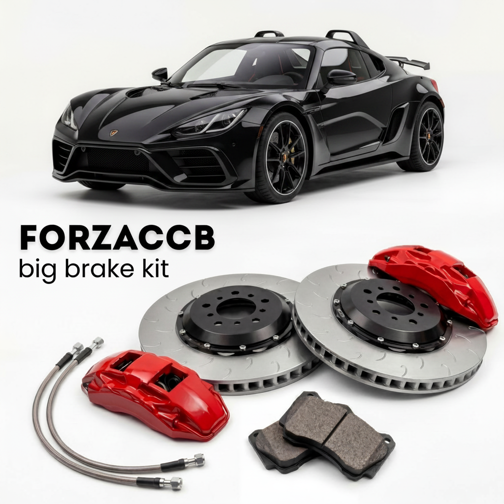 Black KTM X-Bow GT4 (2015-2026) shown above a ForzaCCB iron rotor big brake kit with 2x red 6-piston front calipers, 2x two-piece floating ventilated brake discs 380 mm, set of brake pads, and brake lines.