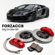 Black Lamborghini Aventador S (2016-2021) shown above a ForzaCCB iron rotor big brake kit with 2x red 6-piston front calipers, 2x two-piece floating ventilated brake discs 380 mm, set of brake pads, and brake lines.