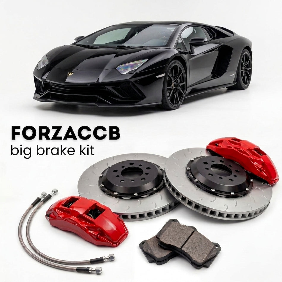 Black Lamborghini Aventador S (2016-2021) shown above a ForzaCCB iron rotor big brake kit with 2x red 6-piston front calipers, 2x two-piece floating ventilated brake discs 380 mm, set of brake pads, and brake lines.