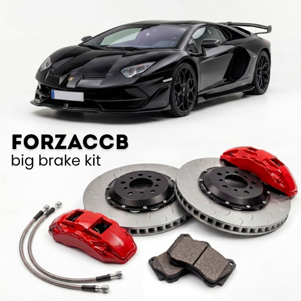 Black Lamborghini Aventador SVJ (2018-2021) shown above a ForzaCCB iron rotor big brake kit with 2x red 6-piston front calipers, 2x two-piece floating ventilated brake discs 380 mm, set of brake pads, and brake lines.
