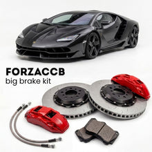 Black Lamborghini Centenario (2016-2017) shown above a ForzaCCB iron rotor big brake kit with 2x red 6-piston front calipers, 2x two-piece floating ventilated brake discs 380 mm, set of brake pads, and brake lines.