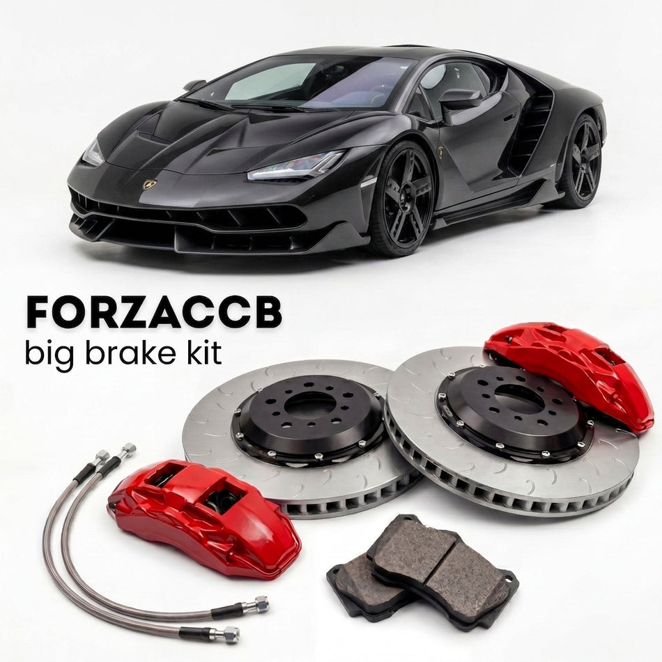 Black Lamborghini Centenario (2016-2017) shown above a ForzaCCB iron rotor big brake kit with 2x red 6-piston front calipers, 2x two-piece floating ventilated brake discs 380 mm, set of brake pads, and brake lines.