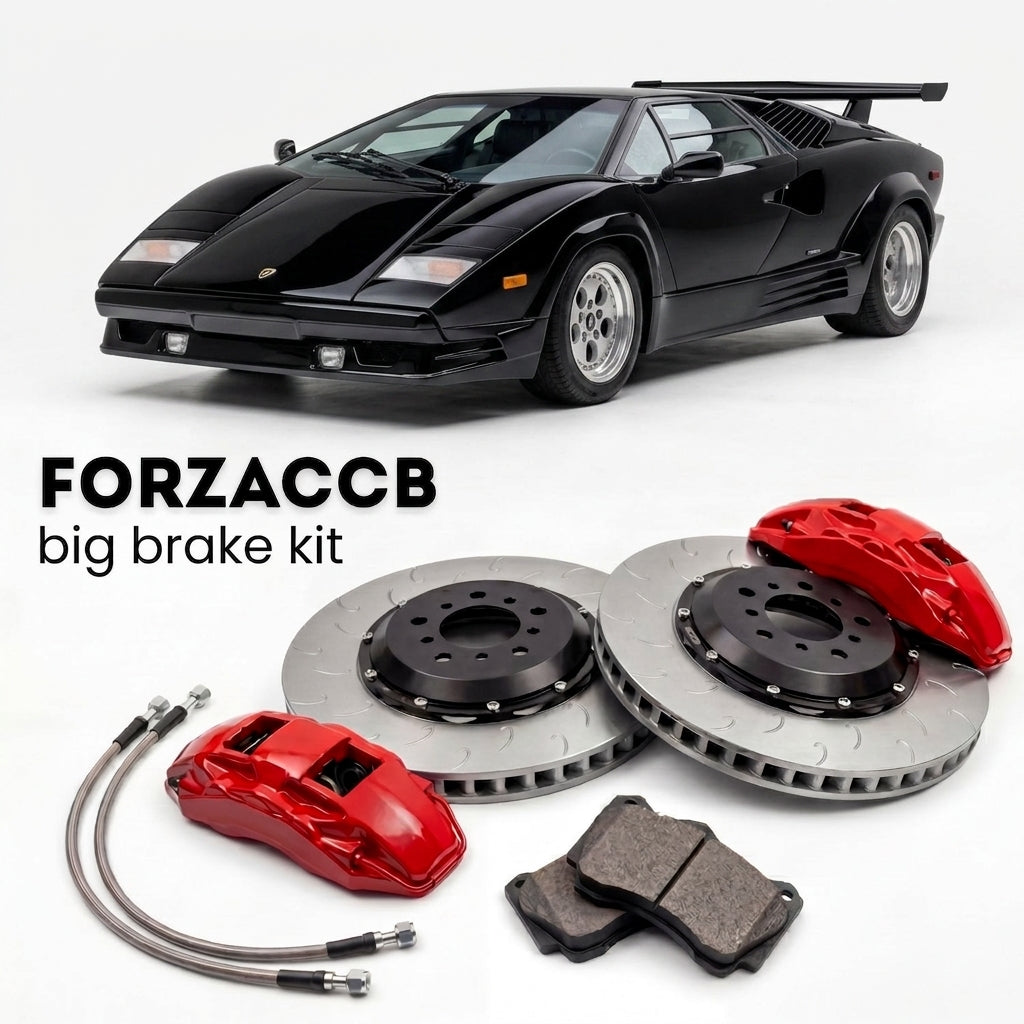 Black Lamborghini Countach 25th Anniversary (1988-1990) shown above a ForzaCCB iron rotor big brake kit with 2x red 6-piston front calipers, 2x two-piece floating ventilated brake discs 380 mm, set of brake pads, and brake lines.