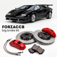 Black Lamborghini Countach 25th Anniversary (1988-1990) shown above a ForzaCCB iron rotor big brake kit with 2x red 6-piston front calipers, 2x two-piece floating ventilated brake discs 380 mm, set of brake pads, and brake lines.