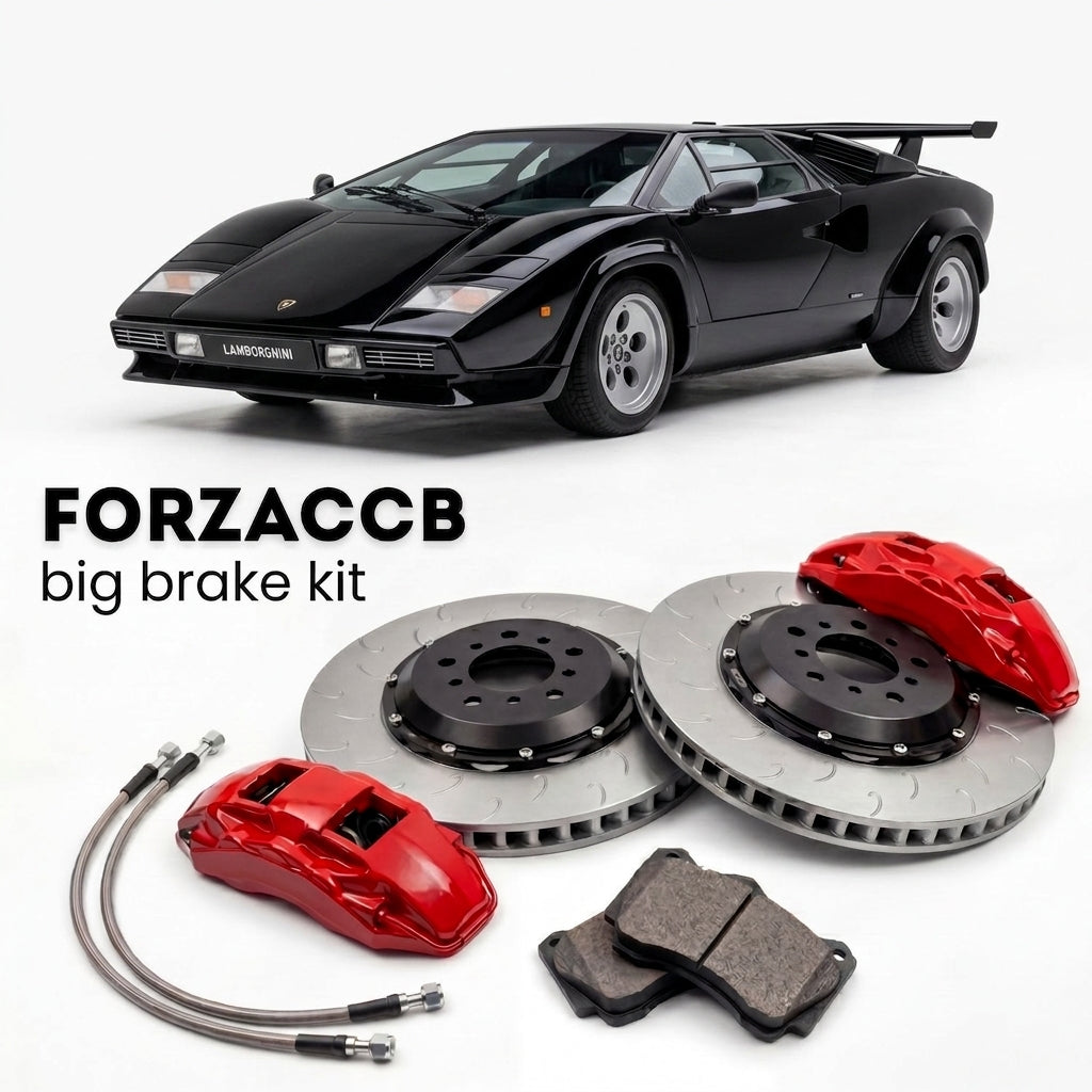 Black Lamborghini Countach 5000 QV (1985-1988) shown above a ForzaCCB iron rotor big brake kit with 2x red 6-piston front calipers, 2x two-piece floating ventilated brake discs 380 mm, set of brake pads, and brake lines.