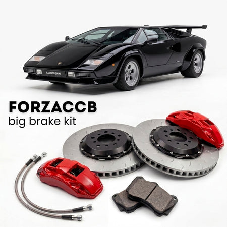 Black Lamborghini Countach 5000 QV (1985-1988) shown above a ForzaCCB iron rotor big brake kit with 2x red 6-piston front calipers, 2x two-piece floating ventilated brake discs 380 mm, set of brake pads, and brake lines.