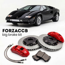 Black Lamborghini Countach 5000 S (1982-1985) shown above a ForzaCCB iron rotor big brake kit with 2x red 6-piston front calipers, 2x two-piece floating ventilated brake discs 380 mm, set of brake pads, and brake lines.