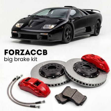 Black Lamborghini Diablo GT (1999-2000) shown above a ForzaCCB iron rotor big brake kit with 2x red 6-piston front calipers, 2x two-piece floating ventilated brake discs 380 mm, set of brake pads, and brake lines.