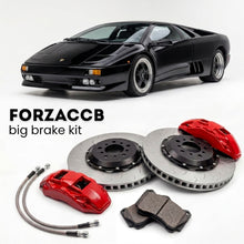 Black Lamborghini Diablo SE30 (1994-1995) shown above a ForzaCCB iron rotor big brake kit with 2x red 6-piston front calipers, 2x two-piece floating ventilated brake discs 380 mm, set of brake pads, and brake lines.