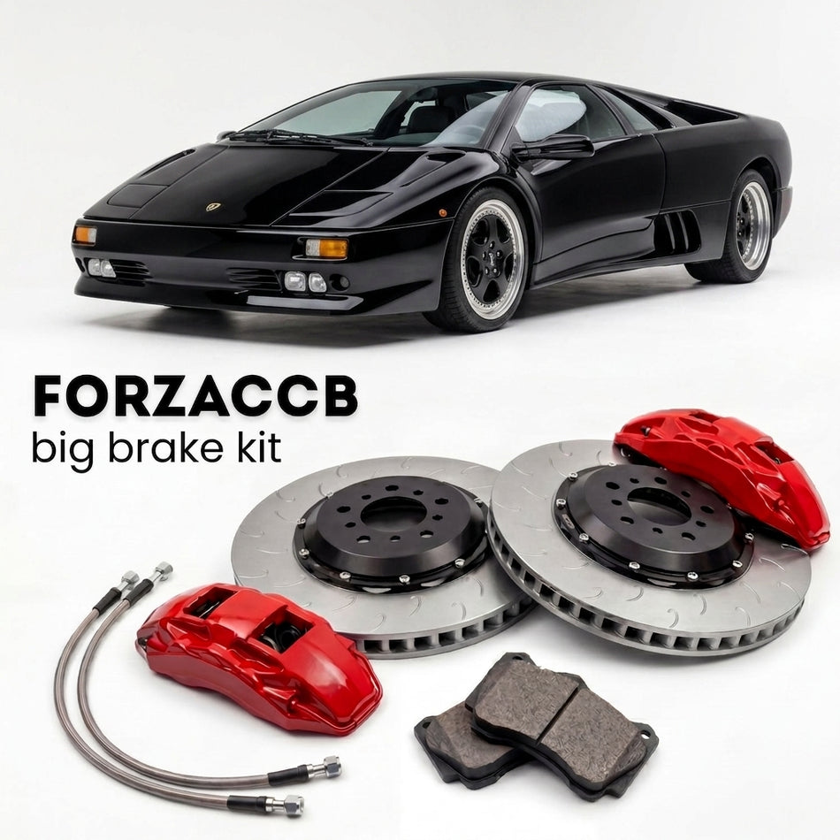 Black Lamborghini Diablo SE30 (1994-1995) shown above a ForzaCCB iron rotor big brake kit with 2x red 6-piston front calipers, 2x two-piece floating ventilated brake discs 380 mm, set of brake pads, and brake lines.
