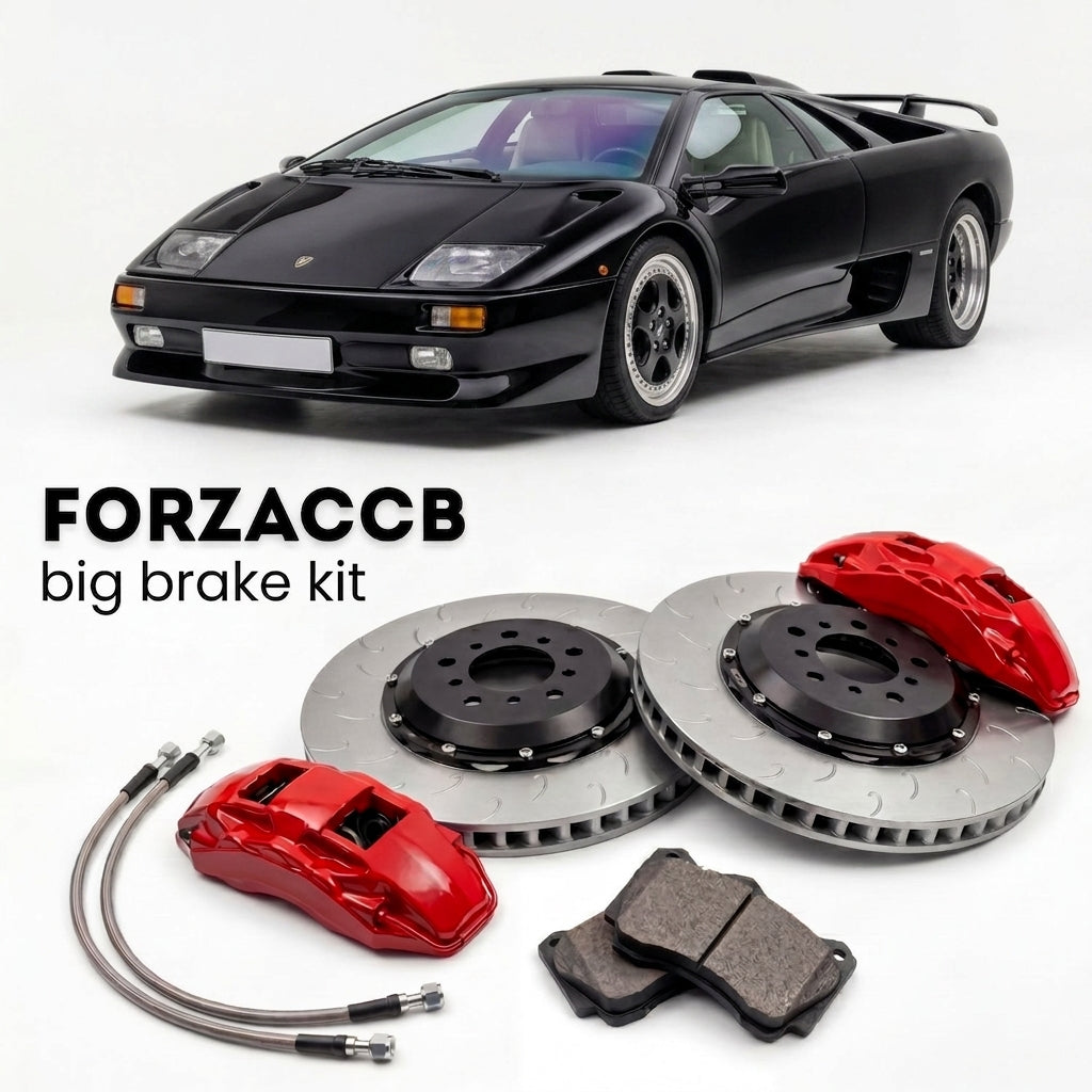 Black Lamborghini Diablo SV (1995-1999) shown above a ForzaCCB iron rotor big brake kit with 2x red 6-piston front calipers, 2x two-piece floating ventilated brake discs 380 mm, set of brake pads, and brake lines.