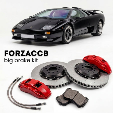 Black Lamborghini Diablo SV (1995-1999) shown above a ForzaCCB iron rotor big brake kit with 2x red 6-piston front calipers, 2x two-piece floating ventilated brake discs 380 mm, set of brake pads, and brake lines.