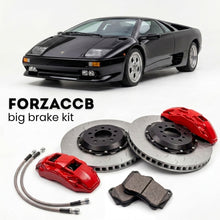 Black Lamborghini Diablo VT (1993-1998) shown above a ForzaCCB iron rotor big brake kit with 2x red 6-piston front calipers, 2x two-piece floating ventilated brake discs 380 mm, set of brake pads, and brake lines.