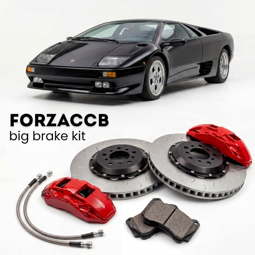 Black Lamborghini Diablo VT (1993-1998) shown above a ForzaCCB iron rotor big brake kit with 2x red 6-piston front calipers, 2x two-piece floating ventilated brake discs 380 mm, set of brake pads, and brake lines.