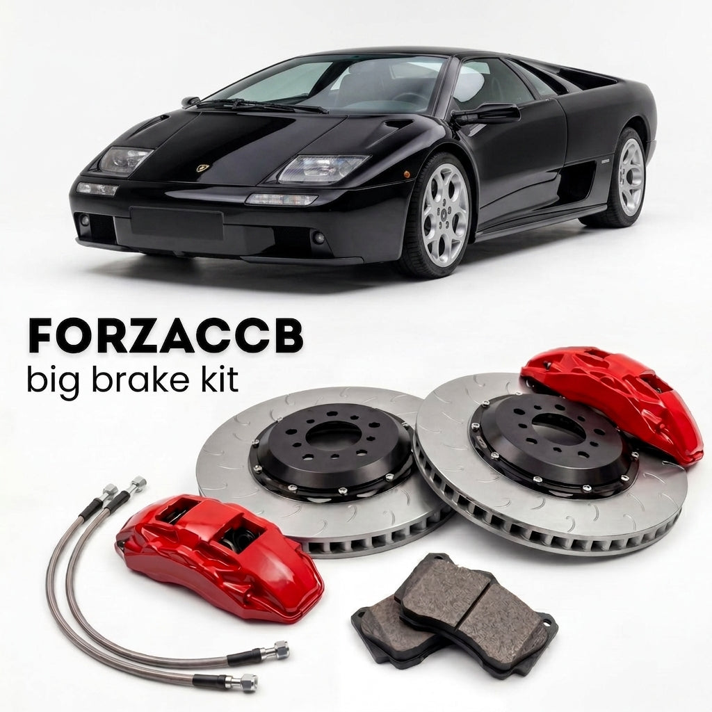 Black Lamborghini Diablo VT 6.0 (2000-2001) shown above a ForzaCCB iron rotor big brake kit with 2x red 6-piston front calipers, 2x two-piece floating ventilated brake discs 380 mm, set of brake pads, and brake lines.