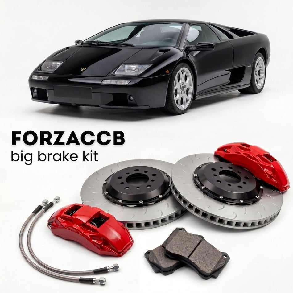 Black Lamborghini Diablo VT 6.0 (2000-2001) shown above a ForzaCCB iron rotor big brake kit with 2x red 6-piston front calipers, 2x two-piece floating ventilated brake discs 380 mm, set of brake pads, and brake lines.