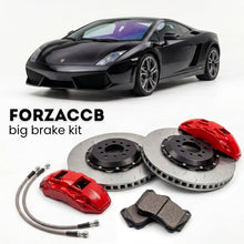 Black Lamborghini Gallardo LP560-4 (2008-2013) shown above a ForzaCCB iron rotor big brake kit with 2x red 6-piston front calipers, 2x two-piece floating ventilated brake discs 380 mm, set of brake pads, and brake lines.