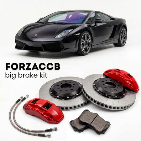 Black Lamborghini Gallardo LP560-4 (2008-2013) shown above a ForzaCCB iron rotor big brake kit with 2x red 6-piston front calipers, 2x two-piece floating ventilated brake discs 380 mm, set of brake pads, and brake lines.