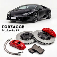 Black Lamborghini Huracan LP580-2 (2016-2019) shown above a ForzaCCB iron rotor big brake kit with 2x red 6-piston front calipers, 2x two-piece floating ventilated brake discs 380 mm, set of brake pads, and brake lines.