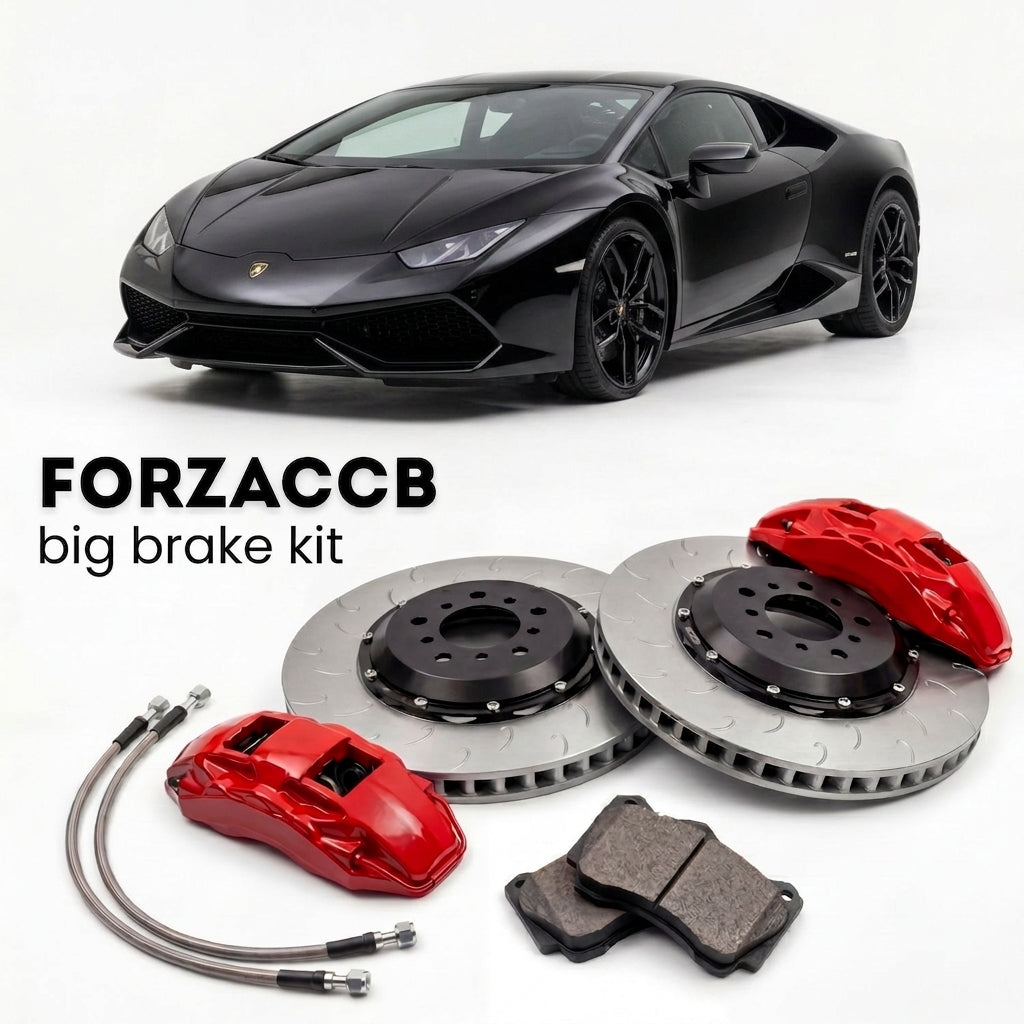 Black Lamborghini Huracan LP610-4 (2014-2019) shown above a ForzaCCB iron rotor big brake kit with 2x red 6-piston front calipers, 2x two-piece floating ventilated brake discs 380 mm, set of brake pads, and brake lines.