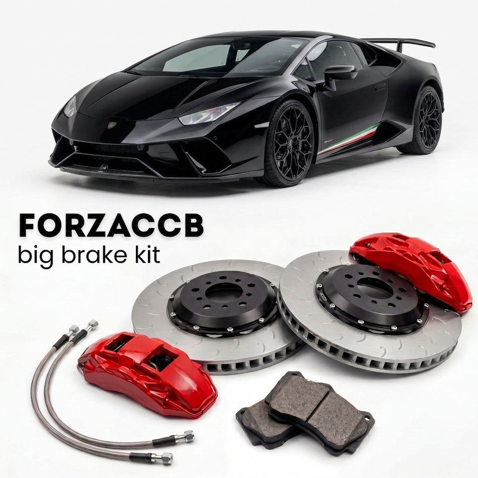 Black Lamborghini Huracan Performante (2017-2019) shown above a ForzaCCB iron rotor big brake kit with 2x red 6-piston front calipers, 2x two-piece floating ventilated brake discs 380 mm, set of brake pads, and brake lines.