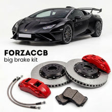 Black Lamborghini Huracan STO (2021+) shown above a ForzaCCB iron rotor big brake kit with 2x red 6-piston front calipers, 2x two-piece floating ventilated brake discs 380 mm, set of brake pads, and brake lines.