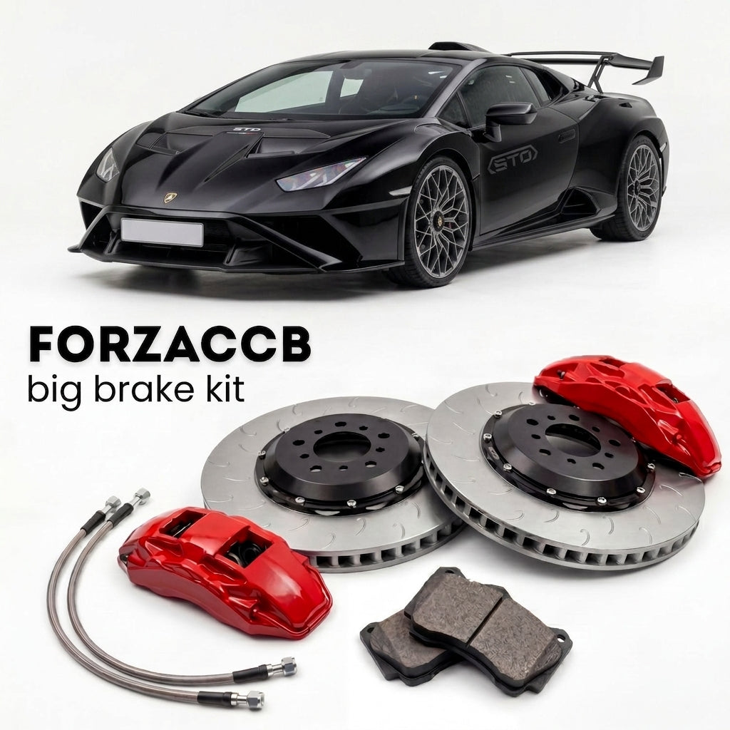 Black Lamborghini Huracan STO (2021+) shown above a ForzaCCB iron rotor big brake kit with 2x red 6-piston front calipers, 2x two-piece floating ventilated brake discs 380 mm, set of brake pads, and brake lines.