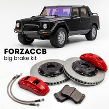 Black Lamborghini LM002 (1986-1993) shown above a ForzaCCB iron rotor big brake kit with 2x red 6-piston front calipers, 2x two-piece floating ventilated brake discs 380 mm, set of brake pads, and brake lines.