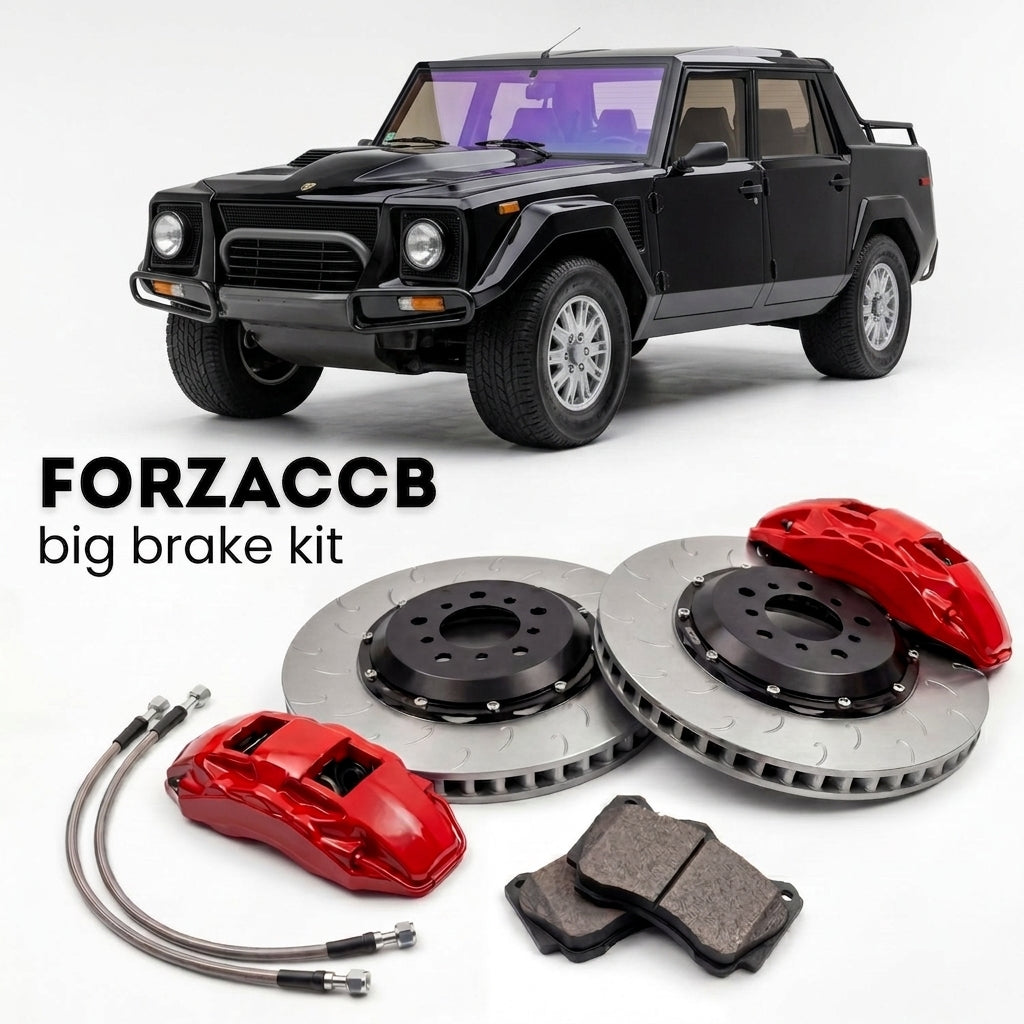 Black Lamborghini LM002 (1986-1993) shown above a ForzaCCB iron rotor big brake kit with 2x red 6-piston front calipers, 2x two-piece floating ventilated brake discs 380 mm, set of brake pads, and brake lines.