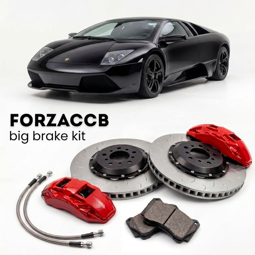 Black Lamborghini Murcielago 6.2 (2001-2006) shown above a ForzaCCB iron rotor big brake kit with 2x red 6-piston front calipers, 2x two-piece floating ventilated brake discs 380 mm, set of brake pads, and brake lines.
