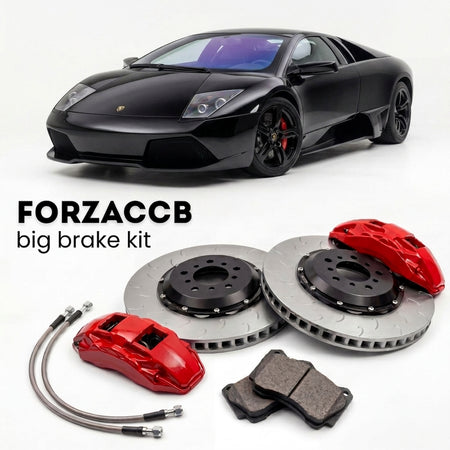 Black Lamborghini Murcielago LP640 (2006-2010) shown above a ForzaCCB iron rotor big brake kit with 2x red 6-piston front calipers, 2x two-piece floating ventilated brake discs 380 mm, set of brake pads, and brake lines.