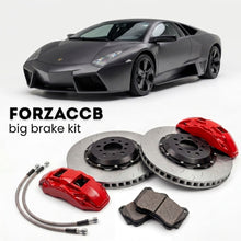 Black Lamborghini Reventon (2007-2009) shown above a ForzaCCB iron rotor big brake kit with 2x red 6-piston front calipers, 2x two-piece floating ventilated brake discs 380 mm, set of brake pads, and brake lines.