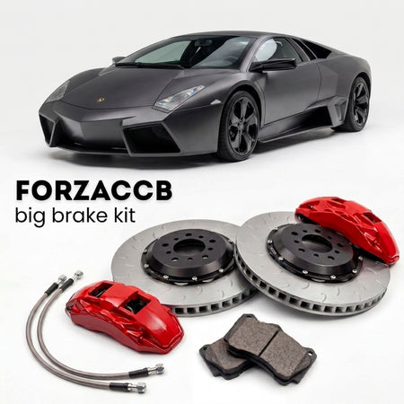 Black Lamborghini Reventon (2007-2009) shown above a ForzaCCB iron rotor big brake kit with 2x red 6-piston front calipers, 2x two-piece floating ventilated brake discs 380 mm, set of brake pads, and brake lines.