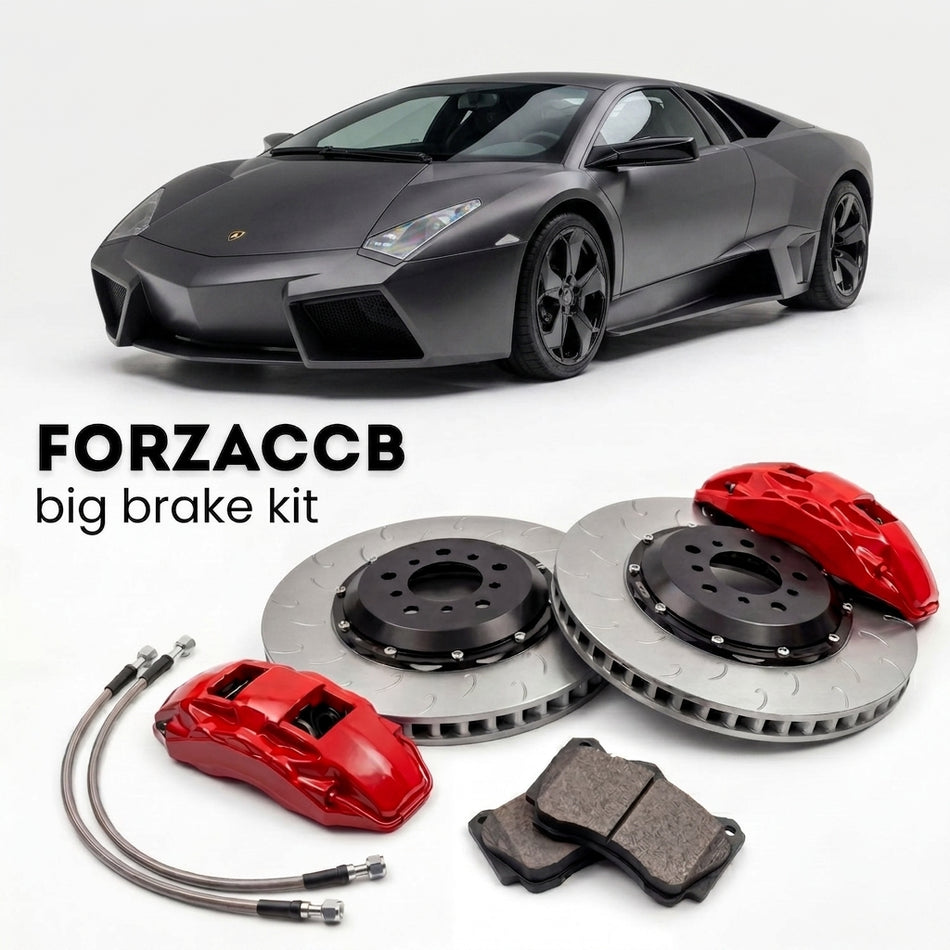 Black Lamborghini Reventon (2007-2009) shown above a ForzaCCB iron rotor big brake kit with 2x red 6-piston front calipers, 2x two-piece floating ventilated brake discs 380 mm, set of brake pads, and brake lines.