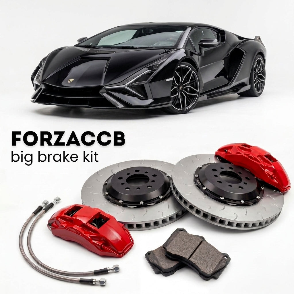 Black Lamborghini Sian FKP 37 (2020-2021) shown above a ForzaCCB iron rotor big brake kit with 2x red 6-piston front calipers, 2x two-piece floating ventilated brake discs 380 mm, set of brake pads, and brake lines.