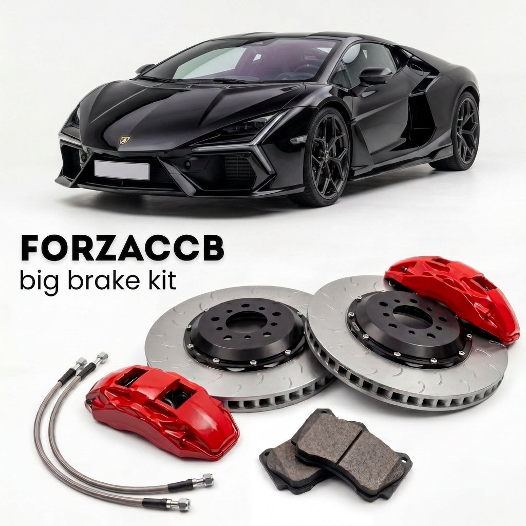 Black Lamborghini Temerario (2024+) shown above a ForzaCCB iron rotor big brake kit with 2x red 6-piston front calipers, 2x two-piece floating ventilated brake discs 380 mm, set of brake pads, and brake lines.