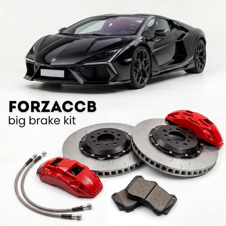 Black Lamborghini Temerario (2024+) shown above a ForzaCCB iron rotor big brake kit with 2x red 6-piston front calipers, 2x two-piece floating ventilated brake discs 380 mm, set of brake pads, and brake lines.
