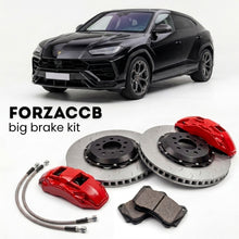 Black Lamborghini Urus Performante (2022+) shown above a ForzaCCB iron rotor big brake kit with 2x red 6-piston front calipers, 2x two-piece floating ventilated brake discs 380 mm, set of brake pads, and brake lines.