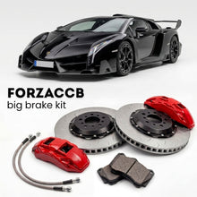 Black Lamborghini Veneno (2013-2014) shown above a ForzaCCB iron rotor big brake kit with 2x red 6-piston front calipers, 2x two-piece floating ventilated brake discs 380 mm, set of brake pads, and brake lines.