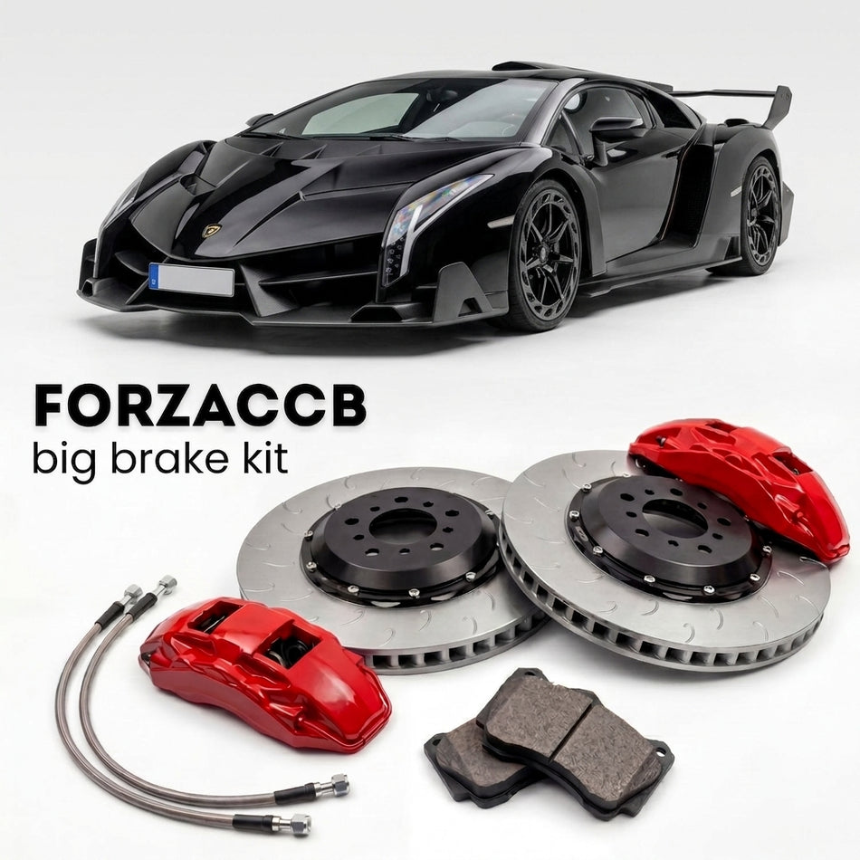 Black Lamborghini Veneno (2013-2014) shown above a ForzaCCB iron rotor big brake kit with 2x red 6-piston front calipers, 2x two-piece floating ventilated brake discs 380 mm, set of brake pads, and brake lines.