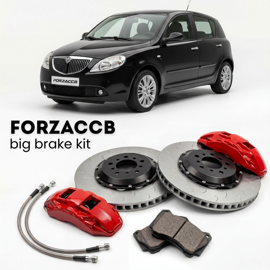 Black Lancia Ypsilon 843, facelift 2006 (2006-2011) shown above a ForzaCCB iron rotor big brake kit with 2x red 6-piston front calipers, 2x two-piece floating ventilated brake discs 380 mm, set of brake pads, and brake lines.