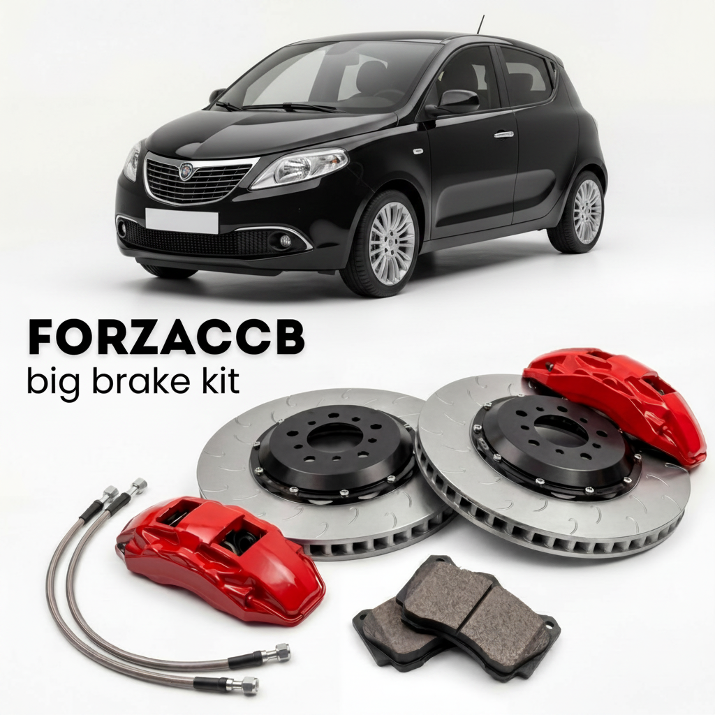 Black Lancia Ypsilon 846 (2011-2015) shown above a ForzaCCB iron rotor big brake kit with 2x red 6-piston front calipers, 2x two-piece floating ventilated brake discs 380 mm, set of brake pads, and brake lines.