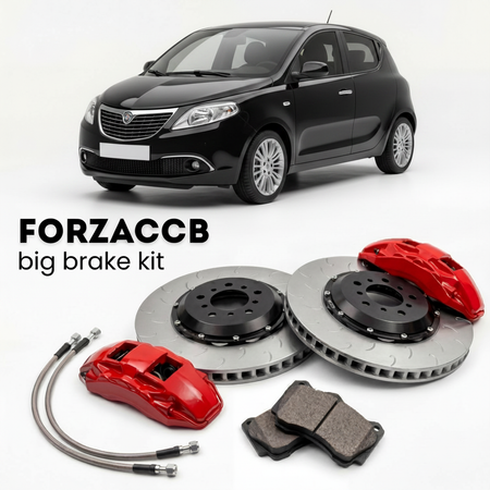 Black Lancia Ypsilon 846 (2011-2015) shown above a ForzaCCB iron rotor big brake kit with 2x red 6-piston front calipers, 2x two-piece floating ventilated brake discs 380 mm, set of brake pads, and brake lines.