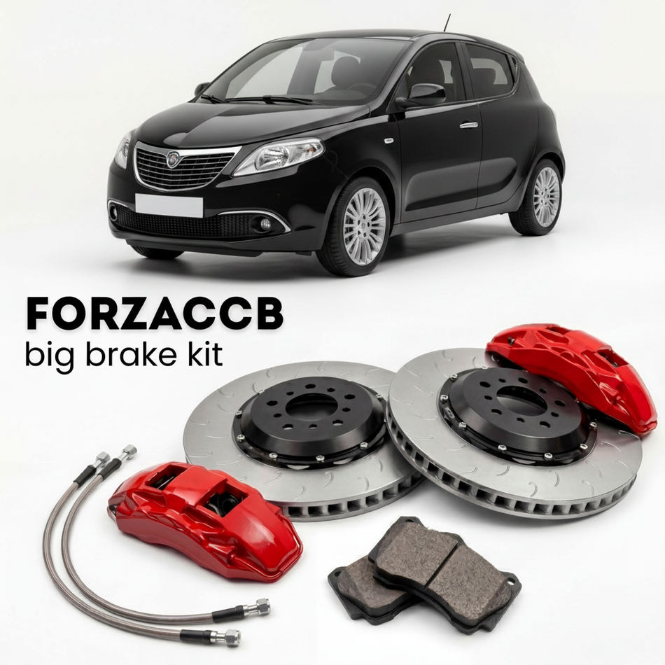 Black Lancia Ypsilon 846 (2011-2015) shown above a ForzaCCB iron rotor big brake kit with 2x red 6-piston front calipers, 2x two-piece floating ventilated brake discs 380 mm, set of brake pads, and brake lines.